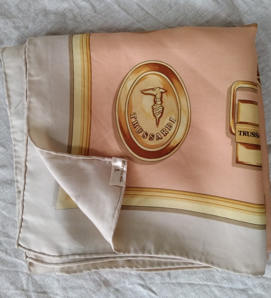 TRUSSARDI Vintage Silk Twill Scarf. Status Print. Pale Pink Etsy