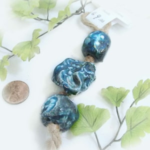 handmade rustic beads - pottery blue beads - artisan ceramic beads - ceramic clay beads, large clay beads ,handmade chunky beads,     # 67