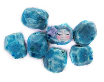 handcrafted ceramic bead - blue clay beads, large clay beads - 3 ceramic beads -components for jewelry -,chunky beads,  # 92