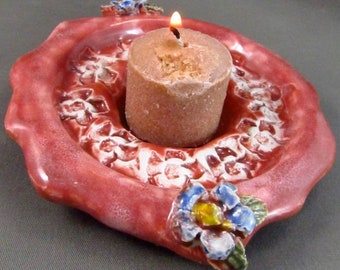 candle holder,  home décor candle plate,  ceramic candle plate, Blue, Red and Brown decorative plate #60