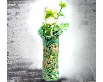Jarrón de cerámica hecho a mano, jarrón de flores de cerámica, jarrón de flores de cerámica, jarrón Shabby Chic, jarrón de decoración del hogar, # 150