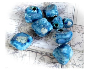 handmade blue ceramic beads, handmade ceramic bead lot -artisan ceramic beads, ,handmade pottery beads,pottery chunky beads,     # 105