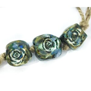 Artisan ceramic beads , handmade clay beads - necklace bead supply ,handmade ceramic beads, handmade Green Blue beads - 3 bead lot,   # 186