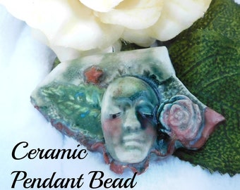 hand carved focal bead - sculpted pendant bead -OOAK artisan focal bead - large face bead -Ceramic focal beads, - bead supply necklace  # 1