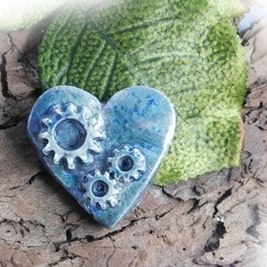 gear jewelry bead -unique heart bead supply -Steam-punk bead, blue Heart bead - Handmade Ceramic Heart Bead , one of a kind heart bead - # 4