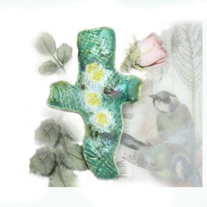 Decorated Art Wall Cross, textured cross -handmade ceramic cross -OOAK art wall cross -House warming  cross- one of a kind wall cross-# 134