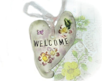 welcome wall Heart -handmade ceramic wall heart -house warming gift -gift under 20 -- Ceramic pottery heart,  decorative ceramic, # 109