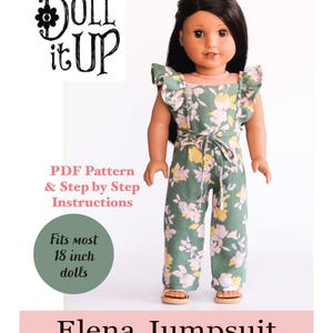 Peut inclure: Un patron de couture PDF pour une combinaison de poupée de 45,7 cm. Le patron s'appelle "Elena Jumpsuit Sewing Pattern" et présente un imprimé floral vert avec des accents jaunes. Le patron comprend des instructions étape par étape.