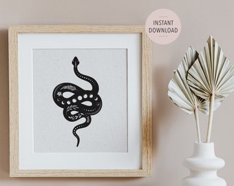 Phases of the Moon Wall Art Esoteric Serpent with Moon Phases Print Linoprint Snake Wall Art Moon Phase Snake Art in Lino Print style