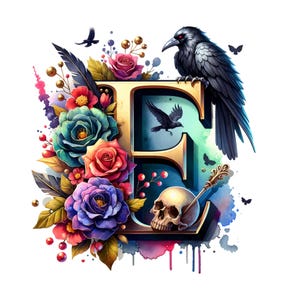 Gotische letter E, aquarel PNG, decoratieve kraaienrozen schedel, transparante achtergrond, Instant Download, afdrukbare 300 DPI, elegant detail