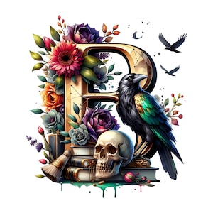 Letra gótica B, acuarela PNG, calavera decorativa con rosas de cuervo, fondo transparente, descarga instantánea, imprimible a 300 ppp, detalle elegante