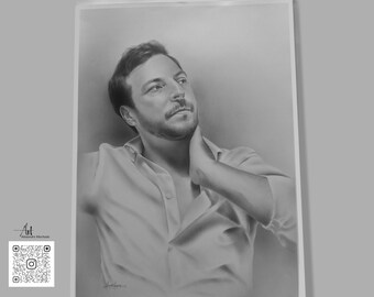 May include: Black and white pencil drawing of a man with short, dark hair. He is wearing a white button-down shirt and has his hand on his neck. The drawing is on a white background.