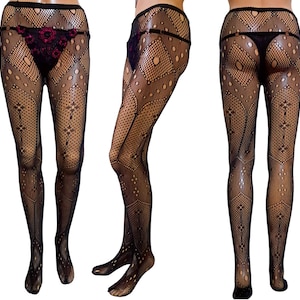 Women Garter Fishnet Tights - High Waist Lace Stockings, Elegant Mesh Pantyhose with Patterned Design for Women, Stretchy & Comfortable Fit