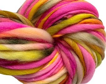 Super Bulky Handspun Yarn Desert Bloom 116 yards thick thin pink brown yellow gold hand dyed merino weaving knitting crochet weaving