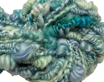 Thick and Thin Handspun Yarn Under Water Magic 70 yards blue green aqua turquoise spiral plied  handdyed wool sparkle knitting c weaving