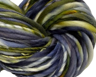 Super Bulky Handspun Yarn September Rain 144 yards thick and thin navy blue green white hand dyed merino weaving knitting crochet weaving