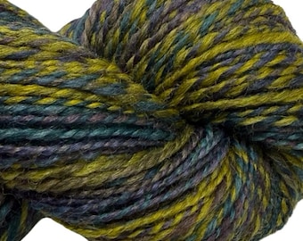 Handspun yarn Renaissance 274 yards green purple blue yarn 2 ply, dyed corriedale wool top weaving,  knitting supplies, crochet