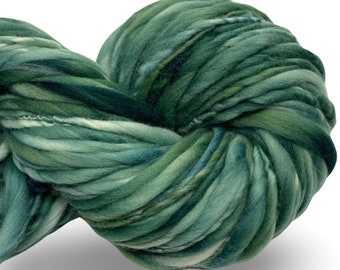 Super Bulky Handspun Yarn Pine Mountain 108 yards dark green emerald yarn thick thin hand dyed merino wool weaving knitting crochet.