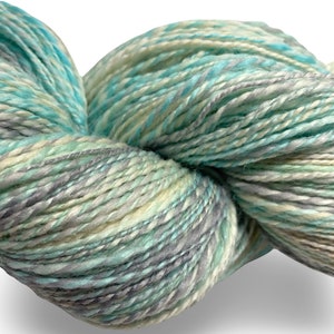 Handspun yarn Easy Breezy 480 yards turquoise blue green ecru yarn 2 ply, tussah silk polwarth wool handdyed DK knitting weaving crochet image 2