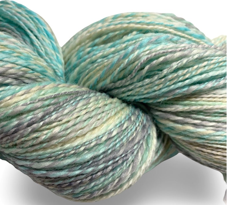 Handspun yarn Easy Breezy 480 yards turquoise blue green ecru yarn 2 ply, tussah silk polwarth wool handdyed DK knitting weaving crochet image 2