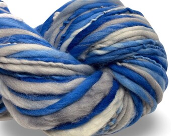 Super Bulky Handspun Yarn February 42 yards blue gray grey white thick thin hand dyed merino wool weaving knitting crochet.