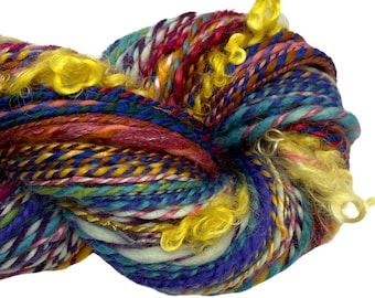 Handspun yarn Waste Not Want Not D 226 yards rainbow yarn wool bamboo silk mohair alpaca hemp angora knitting crochet supplies sari silk