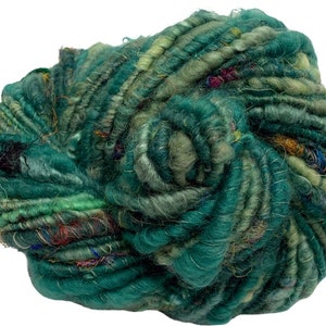 Super Bulky Handspun Yarn Sari Not Sari Green 62 yards corespun art yarn wool mohair locks sari silk threads silk weaving knitting crochet image 4