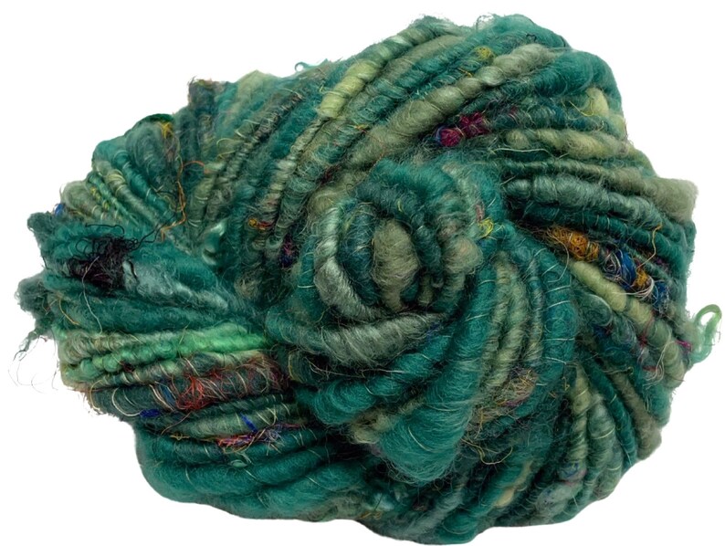 Super Bulky Handspun Yarn Sari Not Sari Green 62 yards corespun art yarn wool mohair locks sari silk threads silk weaving knitting crochet image 4