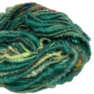 Super Bulky Handspun Yarn Sari Not Sari Green 62 yards corespun art yarn wool mohair locks sari silk threads silk weaving knitting crochet image 2