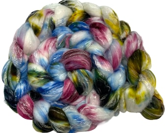 Hodgepodge 5.84  oz blue Hand Dyed Roving Panda top superwash merino wool bamboo viscose nylon spinning fiber felting weaving nuno wool top