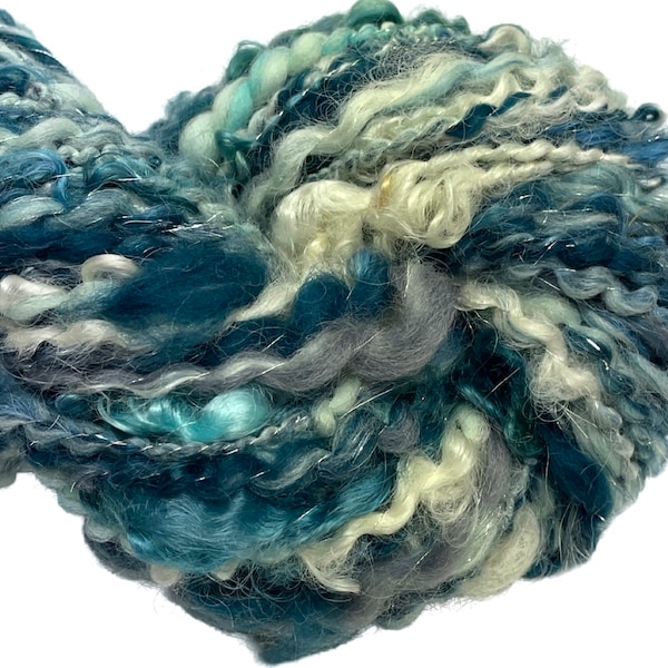 Super Bulky Handspun Yarn Whirlpool 76 yards teal ecru gray lockspun spiral plied thick thin hand dyed merino wool knitting crochet weaving