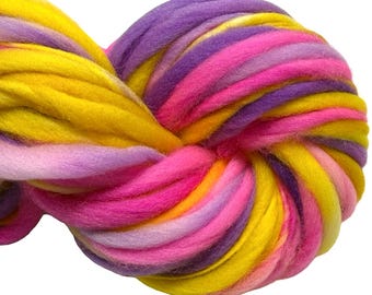 Super Bulky Handspun Yarn Bouquet 92 yards thick thin pink purple yellow gold hand dyed merino weaving knitting crochet weaving