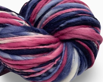 Super Bulky Handspun Yarn Nautical Preppy 136 yards pink navy blue yarn thick thin hand dyed merino wool weaving knitting crochet.