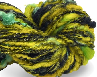 Super Bulky Handspun Yarn Margaritaville 86 yards black green yellow sparkle spiral plied thick thin hand dyed merino wool knitting crochet