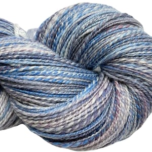 Handspun yarn Zoe 514 yards pale blue lavender purple yarn 2 ply tussah silk polwarth wool handdyed light worsted knitting weaving crochet