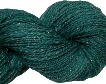 Handspun yarn  Sparkly teal 440 yards sparkly silver blue green yarn 2 ply dyed superwash shaniko wool and stellina weaving knitting crochet