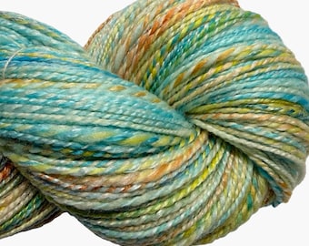 Handspun yarn Beach Day 354 yards yellow orange blue handdyed yarn Panda top knitting crochet weaving