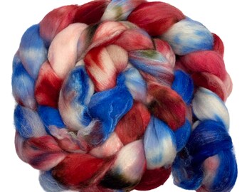 Miss Americana 6.13 oz Hand Dyed Roving red white blue brown Wool Top Polwarth Silk blend spinning fiber felting weaving nuno wool top