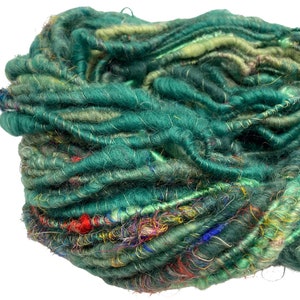 Super Bulky Handspun Yarn Sari Not Sari Green 62 yards corespun art yarn wool mohair locks sari silk threads silk weaving knitting crochet image 3