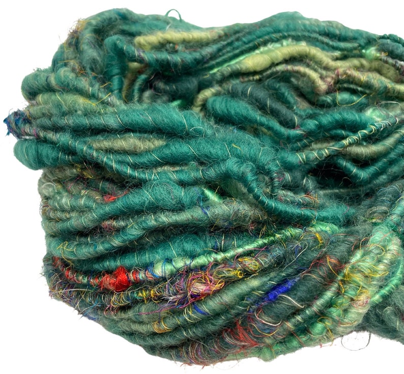 Super Bulky Handspun Yarn Sari Not Sari Green 62 yards corespun art yarn wool mohair locks sari silk threads silk weaving knitting crochet image 3