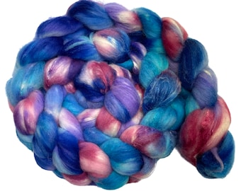 Roses Are Blue 5.96 oz Hand Dyed Roving pink blue turquoise Wool Top Polwarth Silk blend spinning fiber felting weaving nuno wool top
