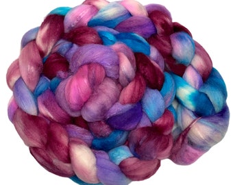 Bejeweled 6.14 oz Hand Dyed Roving turquoise blue purple rose pink Wool Top Polwarth Silk blend spinning fiber felting weaving nuno wool top