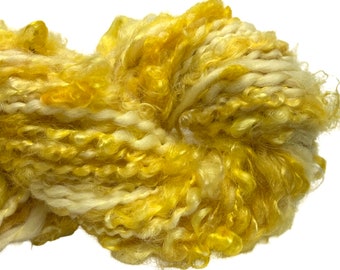 Super Bulky Handspun Yarn Ray of Sunlight 56 yards yellow lockspun spiral plied thick thin hand dyed merino wool knitting crochet weaving