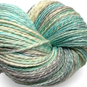 Handspun yarn Easy Breezy 480 yards turquoise blue green ecru yarn 2 ply, tussah silk polwarth wool handdyed DK knitting weaving crochet image 1