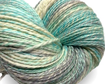 Handspun yarn Easy Breezy 480 yards turquoise blue green ecru yarn 2 ply, tussah silk polwarth wool handdyed DK knitting weaving  crochet