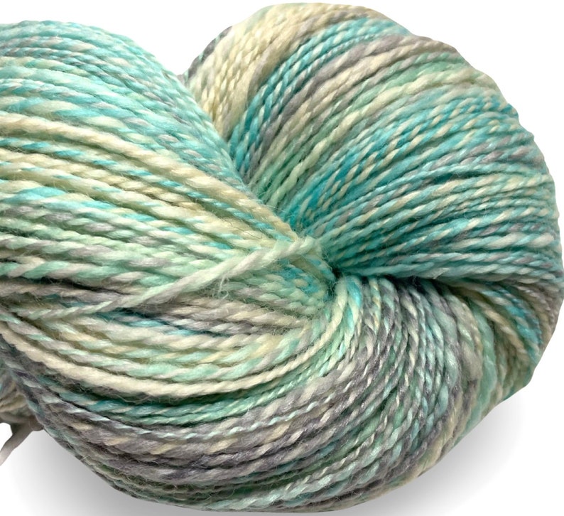 Handspun yarn Easy Breezy 480 yards turquoise blue green ecru yarn 2 ply, tussah silk polwarth wool handdyed DK knitting weaving crochet image 1