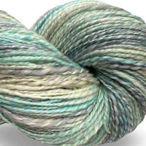 Handspun yarn Easy Breezy 480 yards turquoise blue green ecru yarn 2 ply, tussah silk polwarth wool handdyed DK knitting weaving crochet image 8
