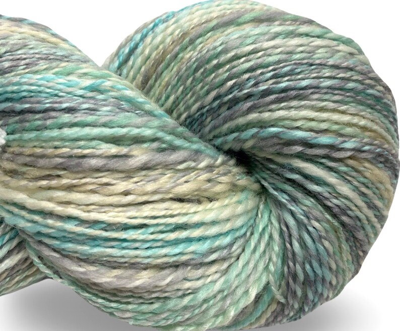 Handspun yarn Easy Breezy 480 yards turquoise blue green ecru yarn 2 ply, tussah silk polwarth wool handdyed DK knitting weaving crochet image 8