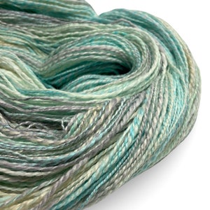 Handspun yarn Easy Breezy 480 yards turquoise blue green ecru yarn 2 ply, tussah silk polwarth wool handdyed DK knitting weaving crochet image 5