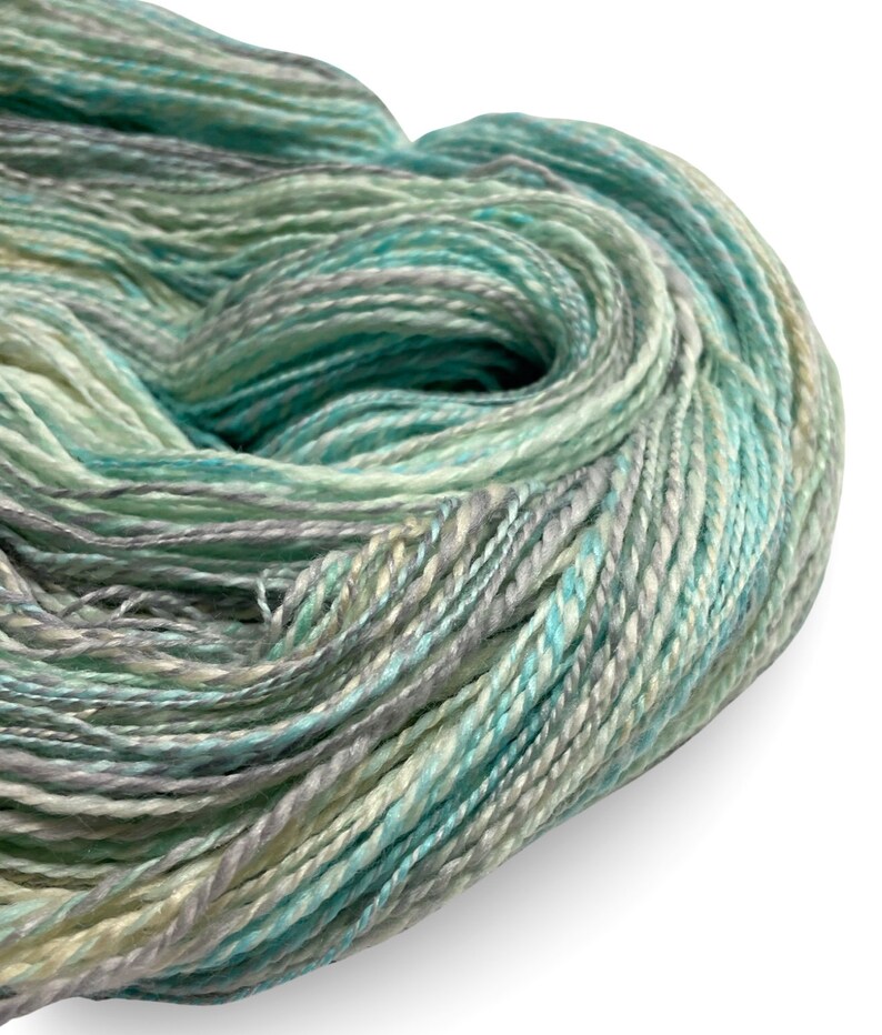 Handspun yarn Easy Breezy 480 yards turquoise blue green ecru yarn 2 ply, tussah silk polwarth wool handdyed DK knitting weaving crochet image 5